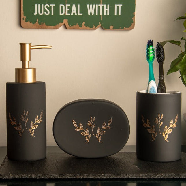 Bath Set Gold Flower Black